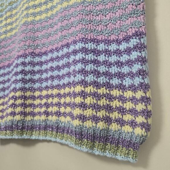 Rose Carmine Crochet Metallic Striped Tank Top Size 1 S M Pastel Handmade Knit - Picture 5 of 8